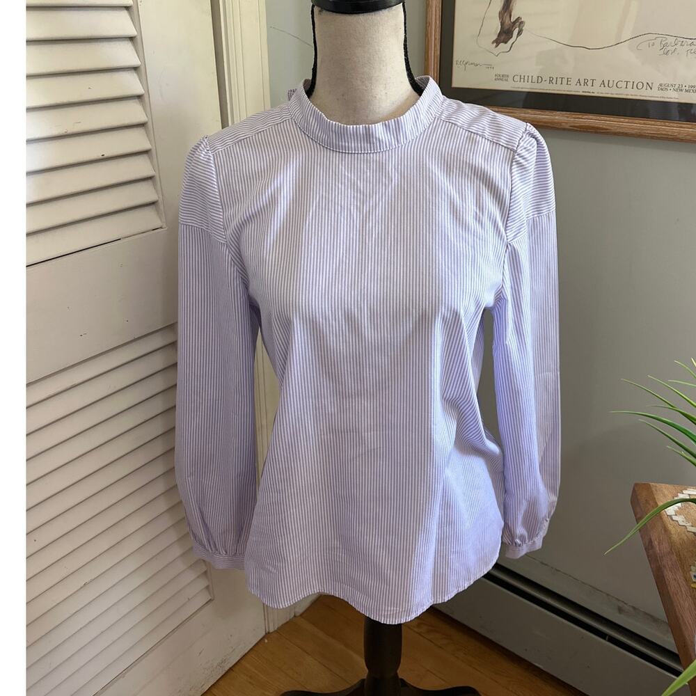 G Label Goop Top Womens 4 Ouroke Striped Blouse Tie Back Mock Neck Minimalist